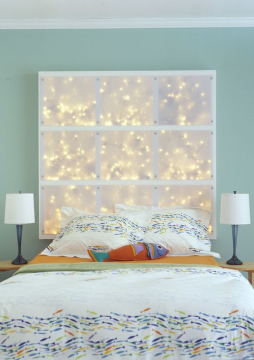 DIY Headboard With LEDs via Shelterness