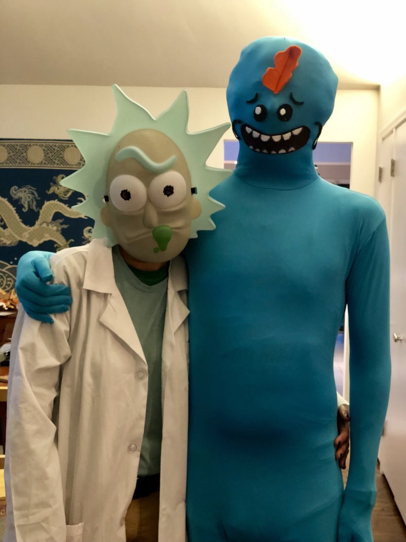 DIY Mr Meeseeks and Rick Sanchez costumes.