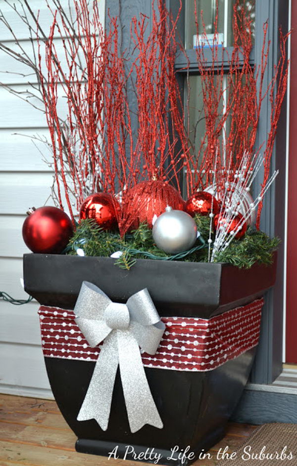 Decorated Outside Planter for Christmas.