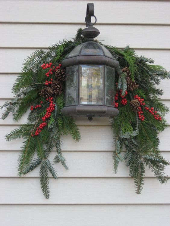 Evergreen Swag with Berries and Lantern.