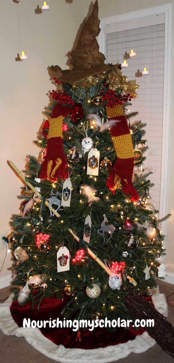 Harry Potter Christmas tree has a sorting hat as a topper and a Hogwarts’ scarf!