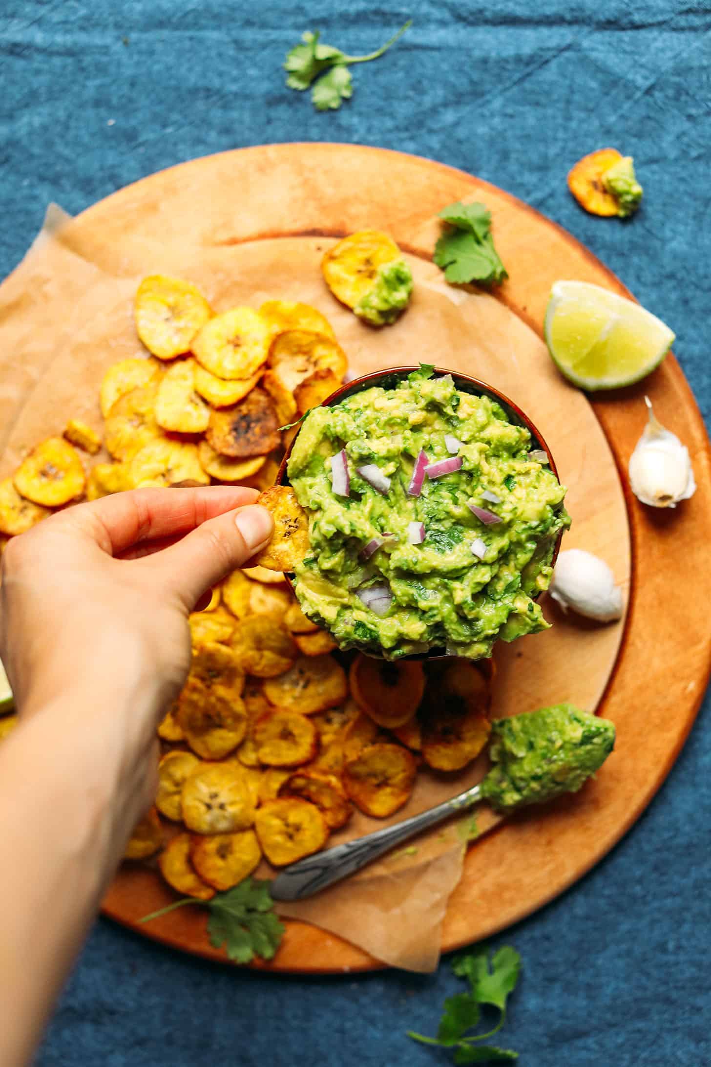 Baked Plantain Chips with Garlicky Guacamole