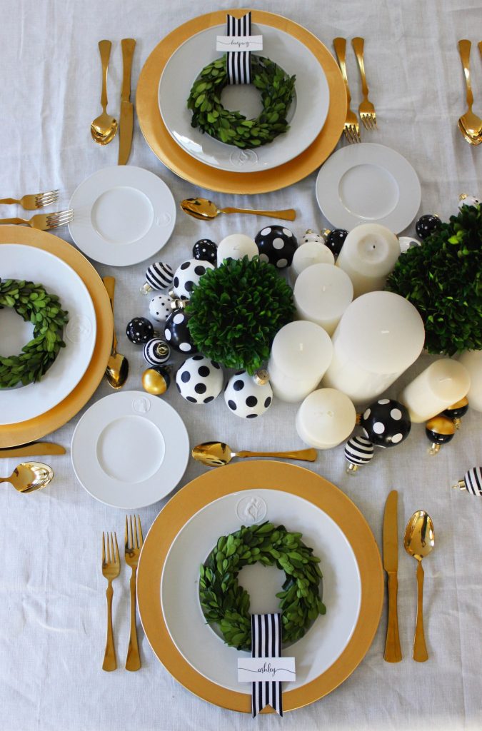 Black, White, and Gold Christmas Table Via Jane-Can