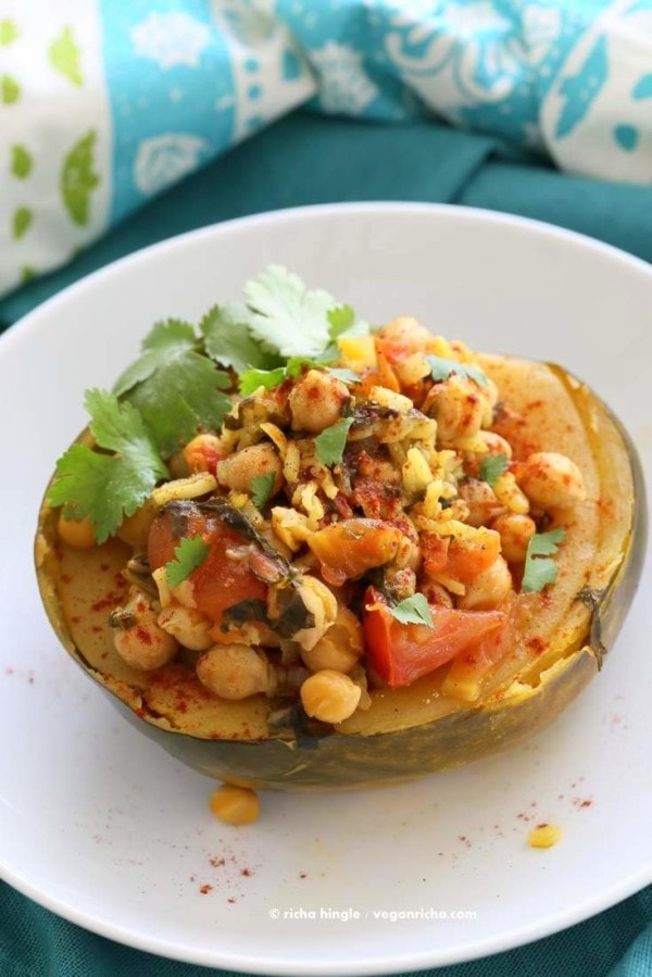 Pressure Cooker Curried Chickpea Stuffed Acorn Squash by Vegan Richa