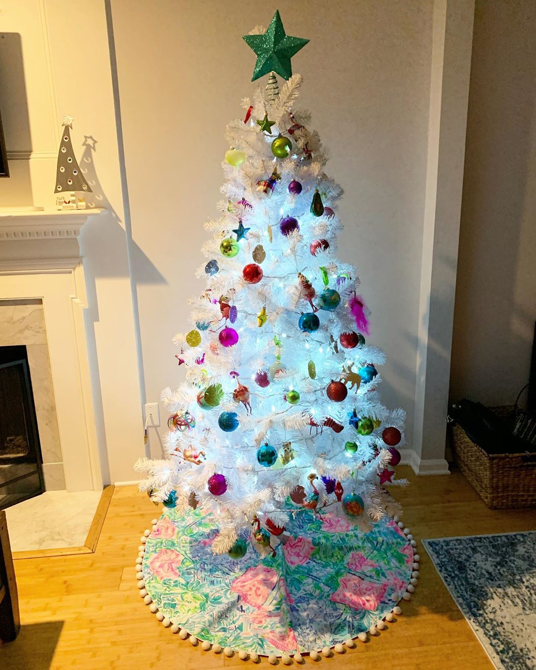 Tacky tropical tree with a Lilly Pulitzer tree skirt.