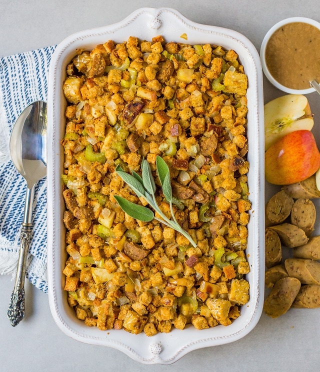 Vegan Sausage & Tempeh Cornbread Stuffing by Vegan Travel Eats